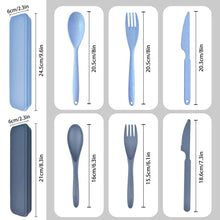 Reusable cutlery set size chart with blue fork, spoon, and knife in case slots
