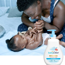 Baby Dove hypoallergenic wash bottle beside baby during bath with gentle soap application