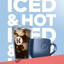 Single-serve coffee maker with iced tumbler, blue mug, and brew selection icons