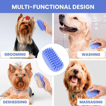 Blue pet grooming rubber brush with raised bristle tips for washing, grooming, massaging