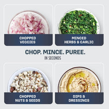 Ninja Express 2-cup chopper bowl shown with chopped, minced, and puree portions