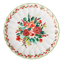 Ceramic dinner plate, white with central red rose floral bouquet and green leaf accents