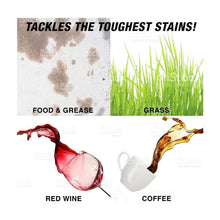 Stain-fighting graphic showing grass, red wine, and coffee stain examples