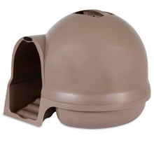 Enclosed cat litter box with dome hood and side view of front steps