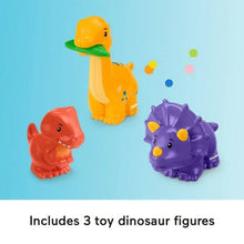 Three dinosaur figures: yellow, red, and purple standing on a blue play surface