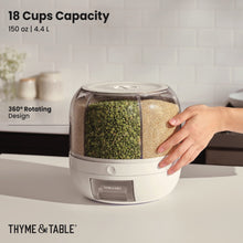 White rotating food dispenser with clear lid, filled compartments and front push control
