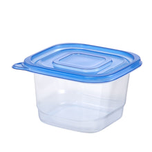 Square food storage container with clear plastic body and blue snap-on lid