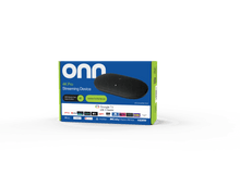 Retail box for streaming device with oval player and remote on white