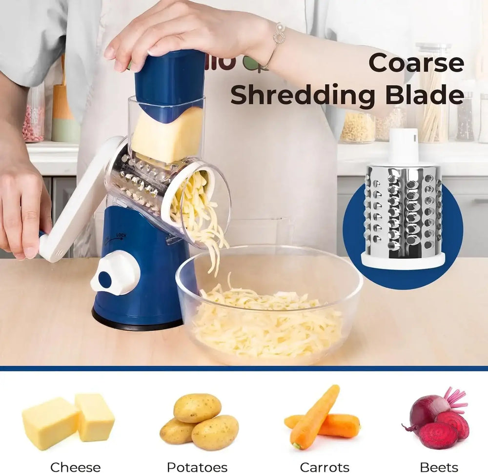 3 in 1 Cheese Grater Rotary, Cheese Shredder Grater for Kitchen Grater Slicer with 3 Replacement Blades, Potato Slicer Vegetable Chopper with Suction Base