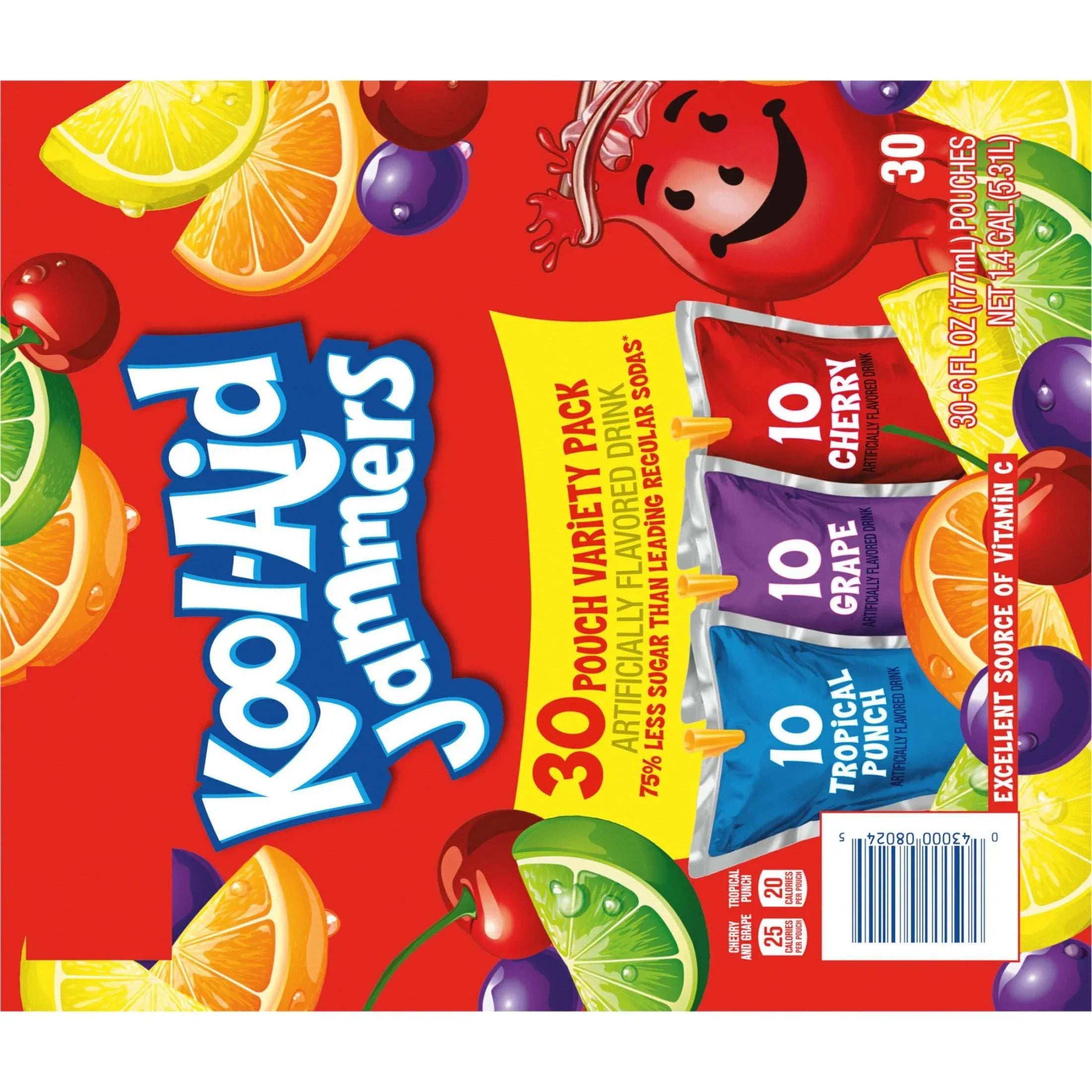 Kool-Aid Jammers Tropical Punch, Grape & Cherry Flavored 0% Juice Drink Variety Pack, 30 ct Box, 6 fl oz Pouches