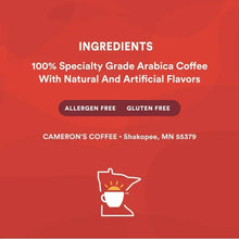 Coffee packaging ingredient label with allergen-free and gluten-free icons