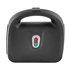 Black waffle and sandwich maker with illuminated power button on front panel
