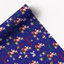 Navy Christmas wrapping paper with Santa, snowflakes and festive greetings