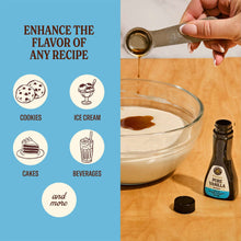Pure vanilla extract bottle with dark cap, held near a small bowl of batter
