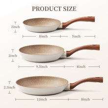 Speckled brown nonstick frying pans with wood handles, multiple sizes shown