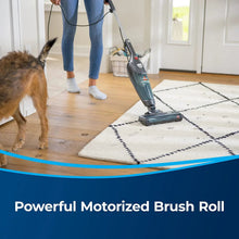 Upright vacuum with motorized brush roll cleaning an area rug, BISSELL Featherweight