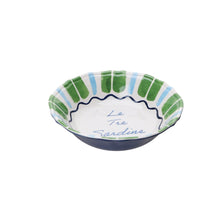 Melamine serving bowl with blue-green striped rim and "Sardines" script