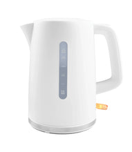 White electric kettle front view with blue 0.5–1.7L level marks