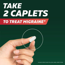 Excedrin Migraine Relief caplet in hand with “Take 2 caplets” message