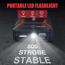 Black and red portable car jump starter with LED flashlight front and indicator panel
