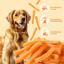 Golden dog beside pile of orange sweet potato treat strips