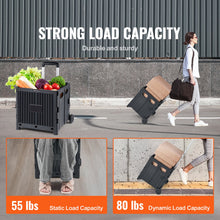 Black folding shopping cart with telescopic handle and side fold buckles, loaded