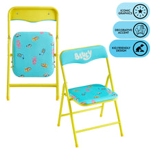 Kids folding chair with turquoise seat and back, plus matching yellow activity desk