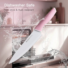 Pink-handled stainless kitchen knife shown with water, for dishwasher-safe use