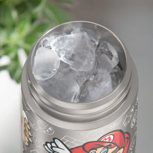 Stainless steel water bottle opening with ice cubes, Mario character print