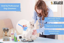 Blue dog slicker brush with ergonomic handle among grooming tools.