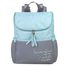 Blue and gray diaper bag backpack with star pattern, front zip pockets, and tassel detail