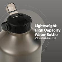 Metallic jug water bottle with black flip-up straw and protective spout lid