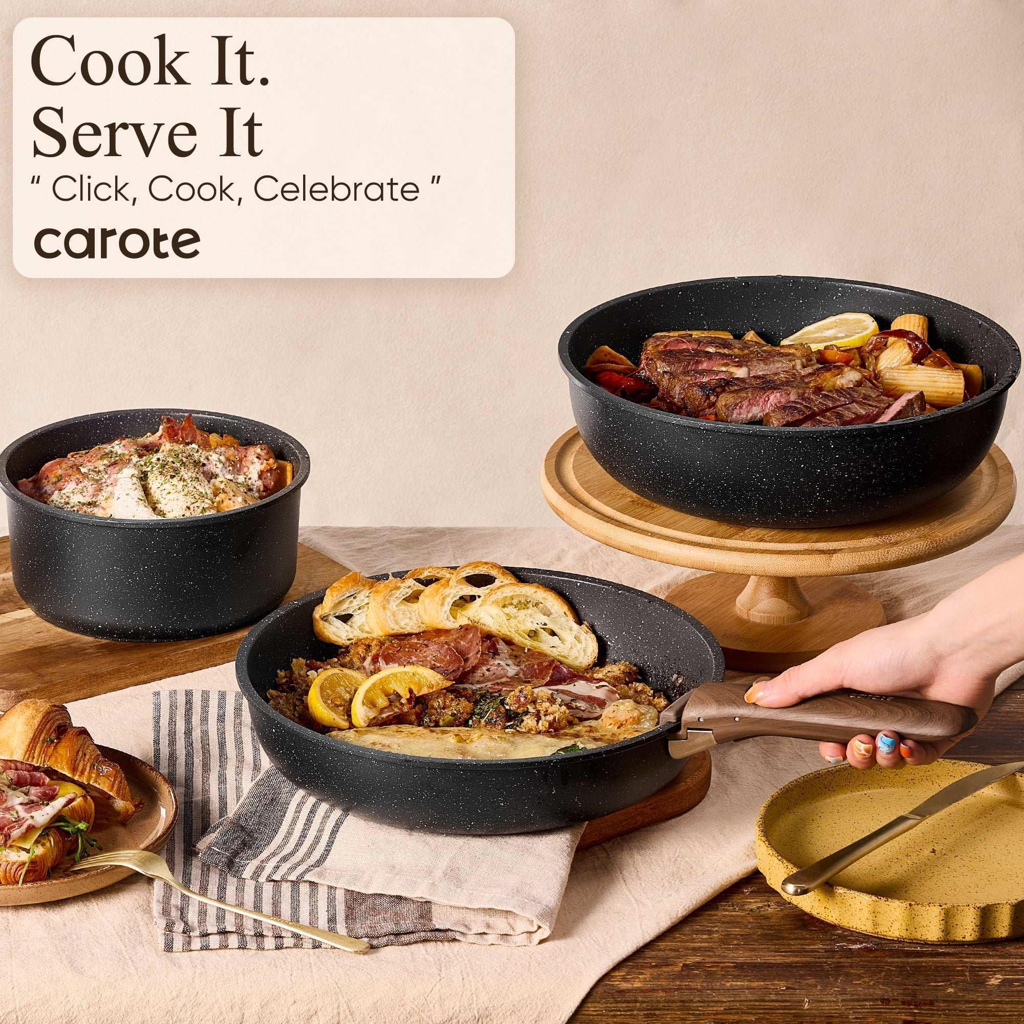 Carote 15 Pcs Nonstick Cookware Sets, Granite Non Stick Pots and Pans with Removable Handles, Oven Safe, Induction Compatible, Black