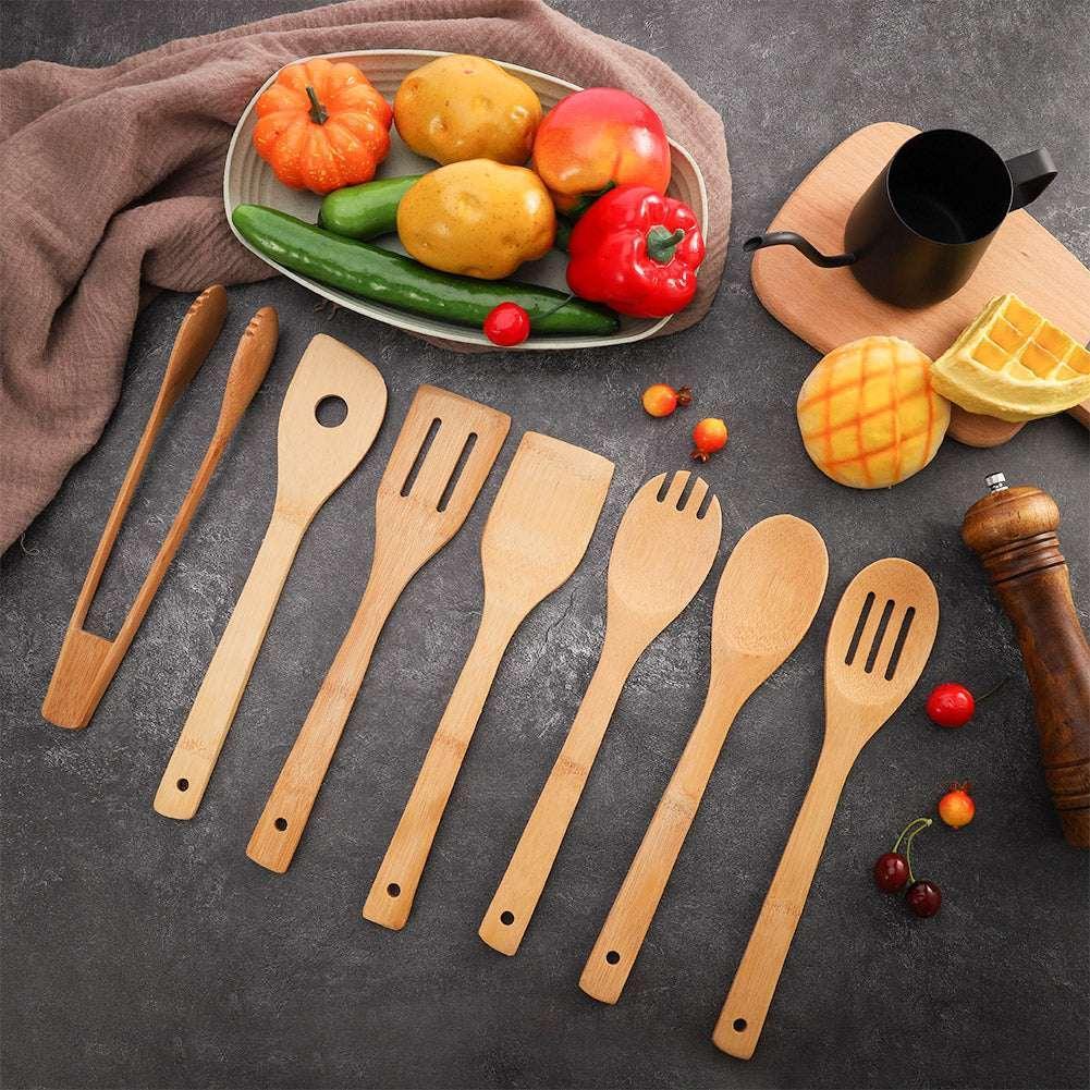 Topekada 8 Pack Wooden Utensil Set with Holder, Natural Bamboo Cooking Utensils for Nonstick Cookware, Wooden Spoons, Spatulas & Cooking Tongs, Eco-Friendly Gift for Home Chefs