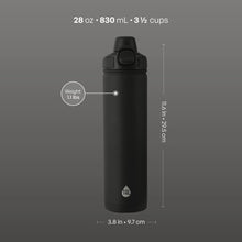 Black 28 oz stainless steel water bottle with push-lock lid and slim profile