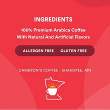 Coffee pods ingredients panel with allergen free and gluten free labels