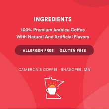 Ingredients panel: 100% premium Arabica coffee with natural and artificial flavors