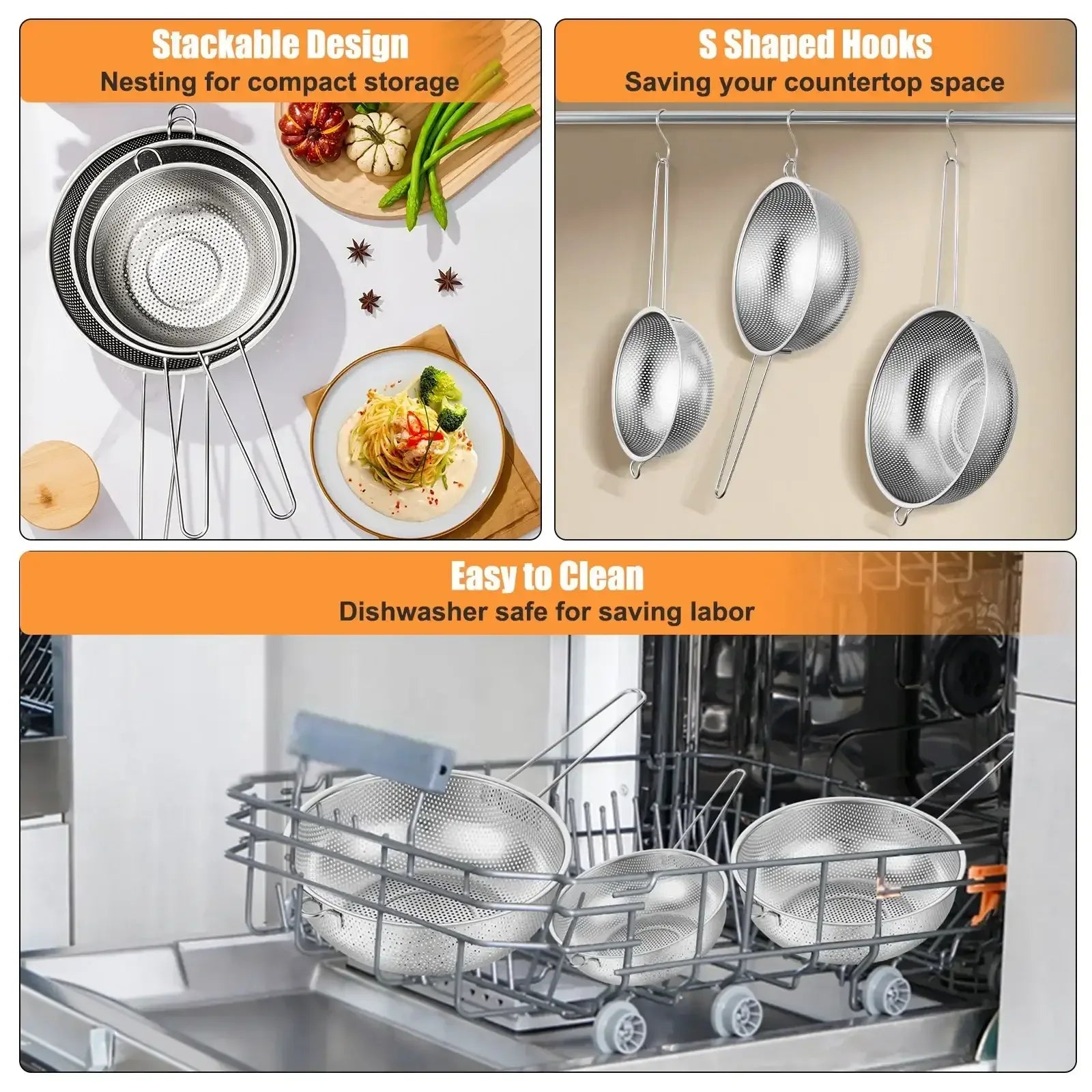 VeSteel Colander Set of 3, Stainless Steel Micro-Perforated Colanders Strainers for Draining Rinsing Washing, Ideal for Pasta Vegetables Fruits, Heavy Duty & Dishwasher Safe - USA MEGA SHOP