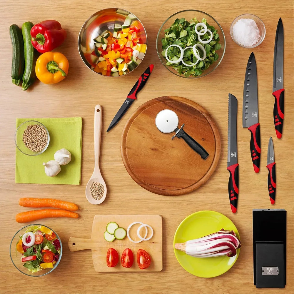 Moss & Stone Professional Kitchen Knife Chef Set, Small Knife Set With Block, Black Titanium Plated Kitchen Knife Set, Stainless Steel Scratch Resistant & Rust Proof Sharp Kitchen Knives. - USA MEGA SHOP