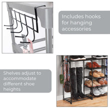 Black adjustable shoe rack with wire shelves and side hooks for hanging accessories.