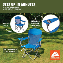 Blue mesh camping chair with cupholder and included storage bag