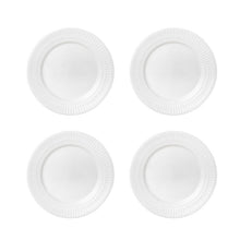 White porcelain dinner plates with textured beaded rim, four plates shown