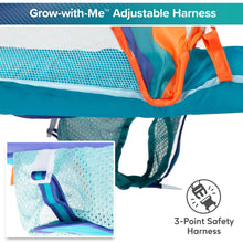 Blue baby pool float with adjustable safety harness over cushioned inner ring