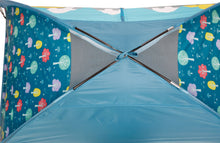 Kids play tent interior view with blue mesh and colorful outer print