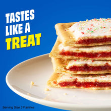Stack of strawberry toaster pastries with filling, on a white plate.