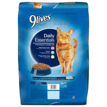 Dry cat food bag back panel with orange cat image and “Daily Essentials” label
