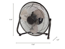 Metal high-velocity wall fan with wire grille, black base, side view