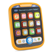 Orange learning tablet toy with Discover & Learn Tablet panel and colorful square icons