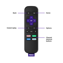 Roku remote with Home, Options, instant replay, and channel shortcut buttons