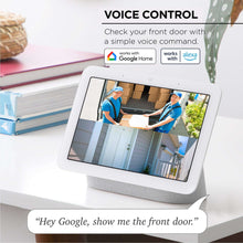 White outdoor security camera with display showing a person delivering a package